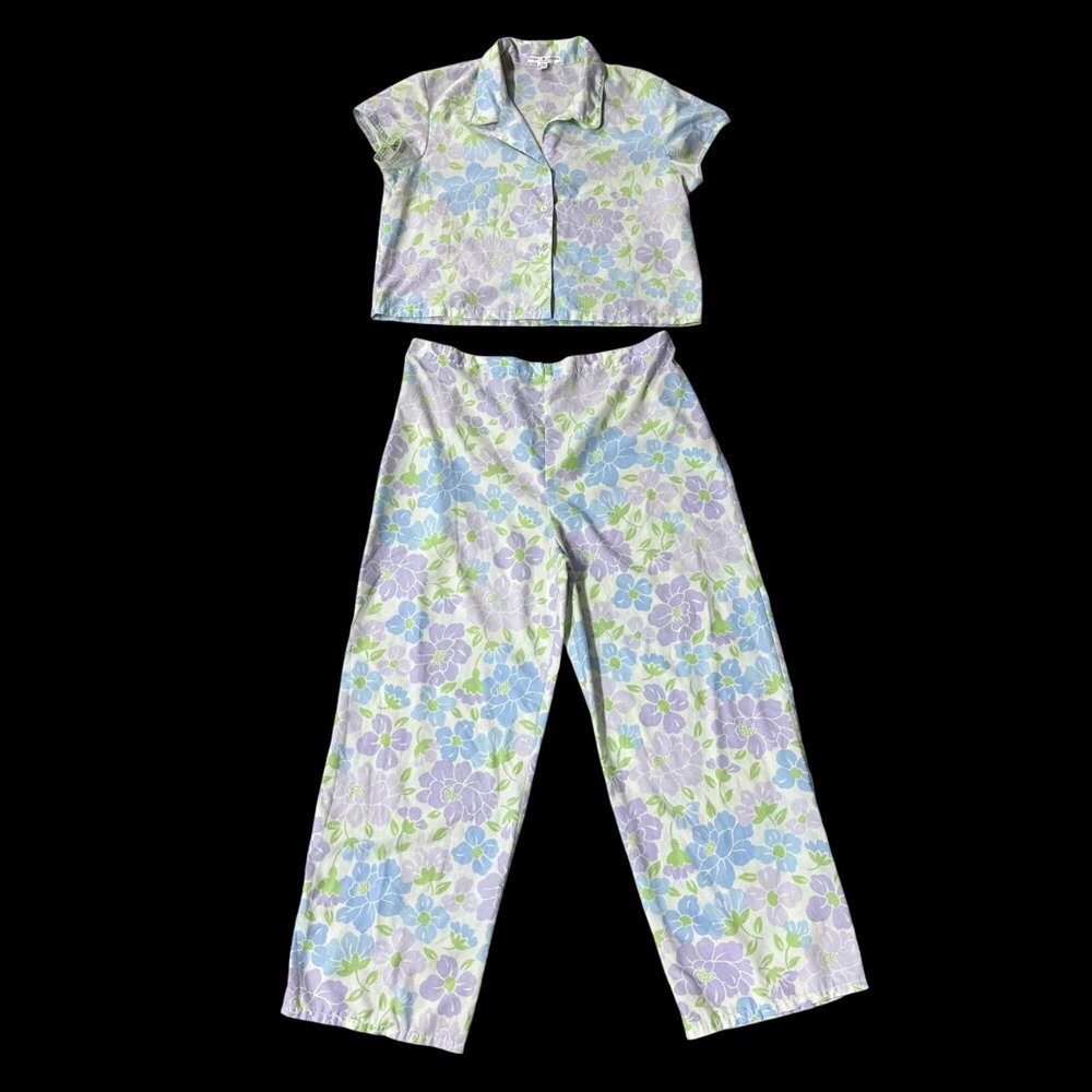 Womens Floral Pajama Set Large Tommy Hilfiger Purple Blue Green Sleepwear Flower - Picture 2 of 7